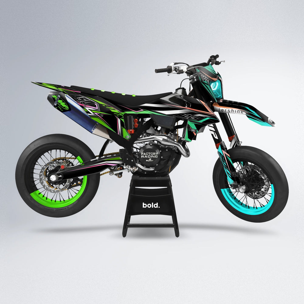 ALIN V2 supermoto graphics kit in Cyan & Green (Silverchrome)