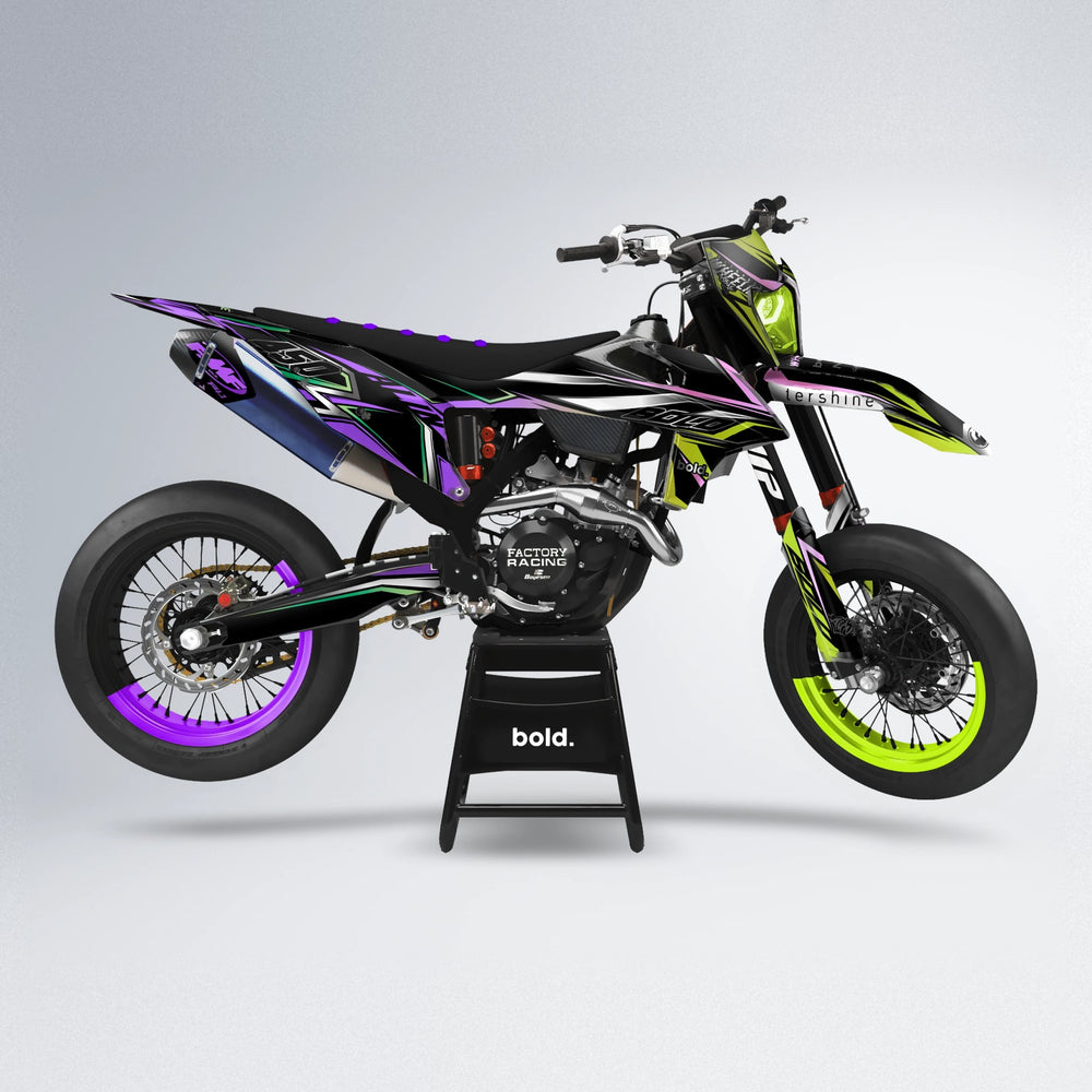 ALIN V2 supermoto graphics kit in Purple & Fluo Yellow (Silverchrome)