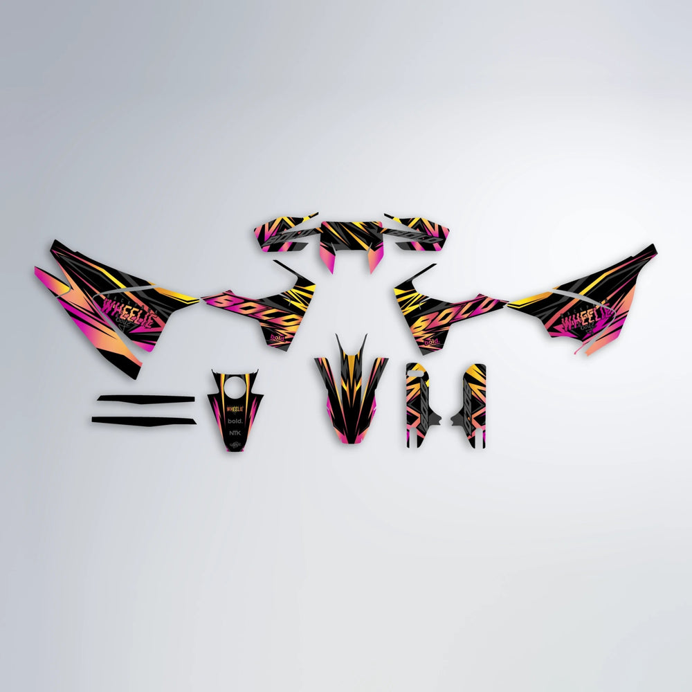 ANXIETY Husqvarna 701 graphics kit parts layout in Pink & Yellow