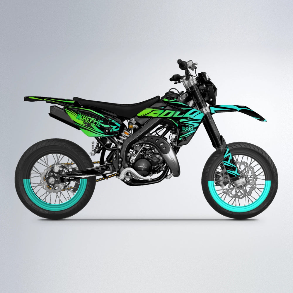ANXIETY Rieju MRT supermoto graphics kit in Cyan & Green