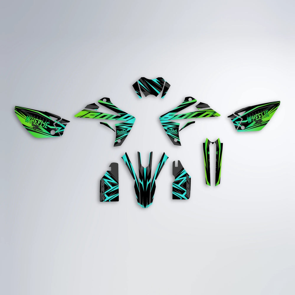 ANXIETY Rieju MRT graphics kit parts layout in Cyan & Green