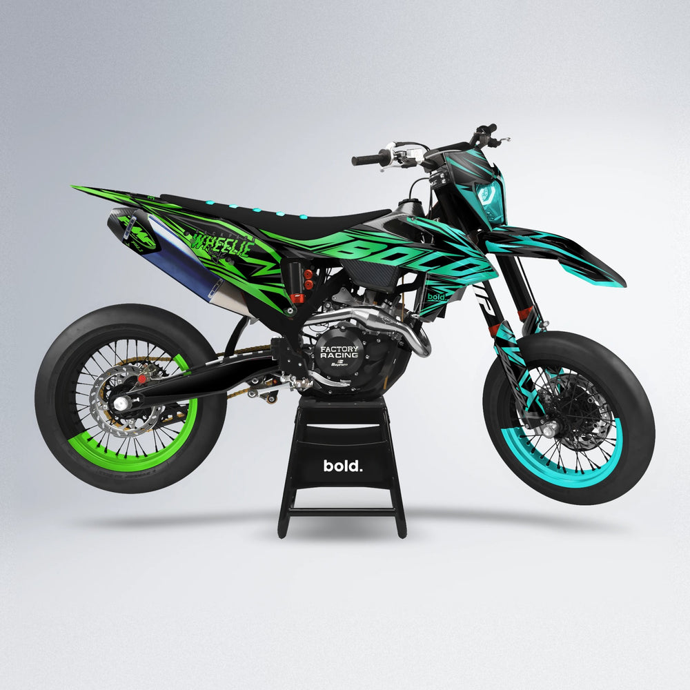 ANXIETY supermoto graphics kit in Cyan & Green