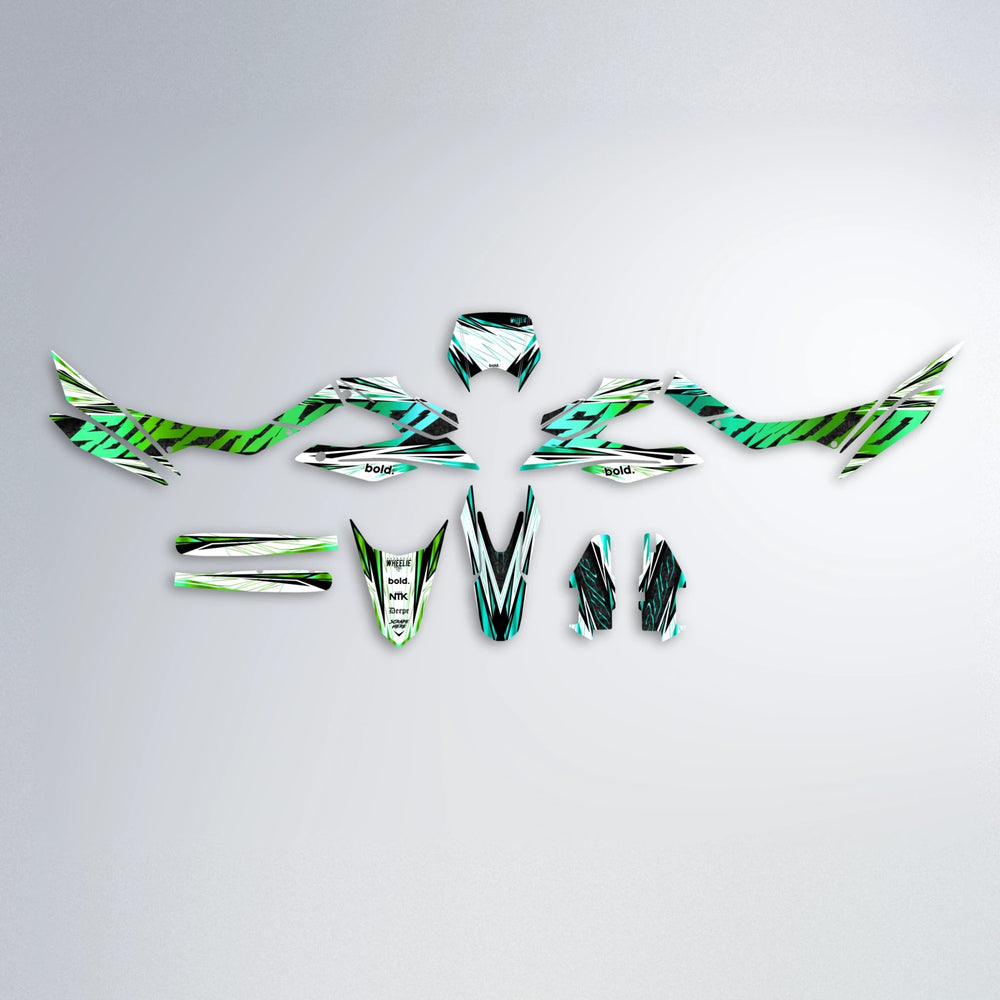 BENJIS Aprilia SX 125 graphics kit parts layout in Cyan & Green