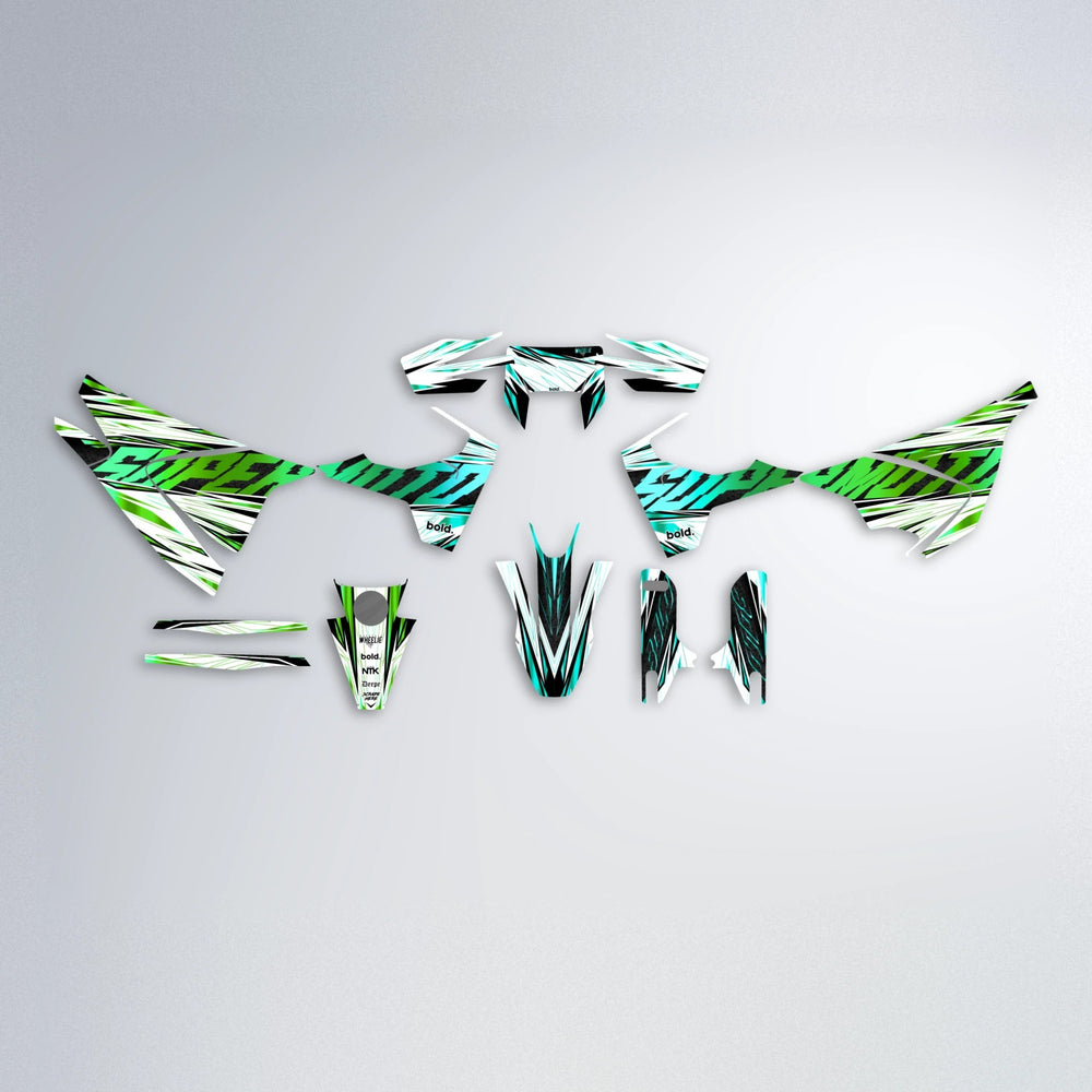 BENJIS Husqvarna 701 graphics kit parts layout in Cyan & Green