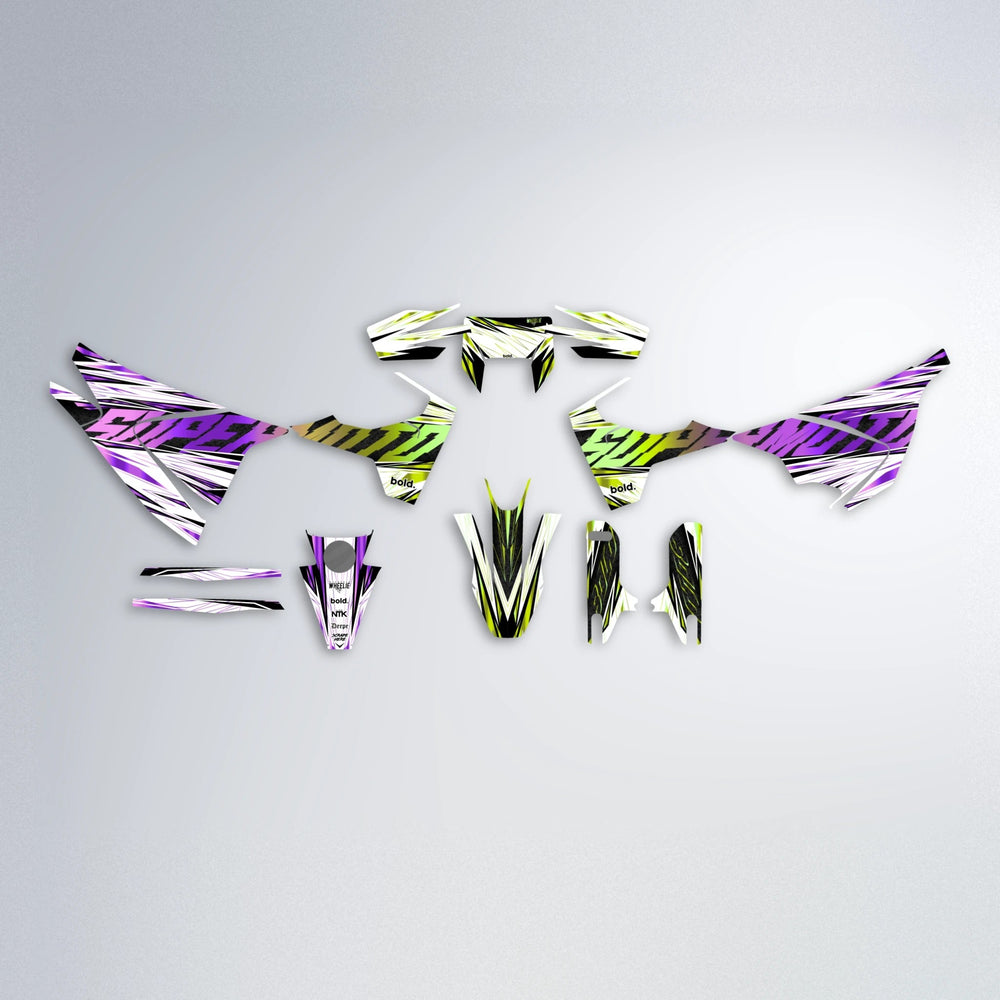 BENJIS Husqvarna 701 graphics kit parts layout in Purple & Yellow