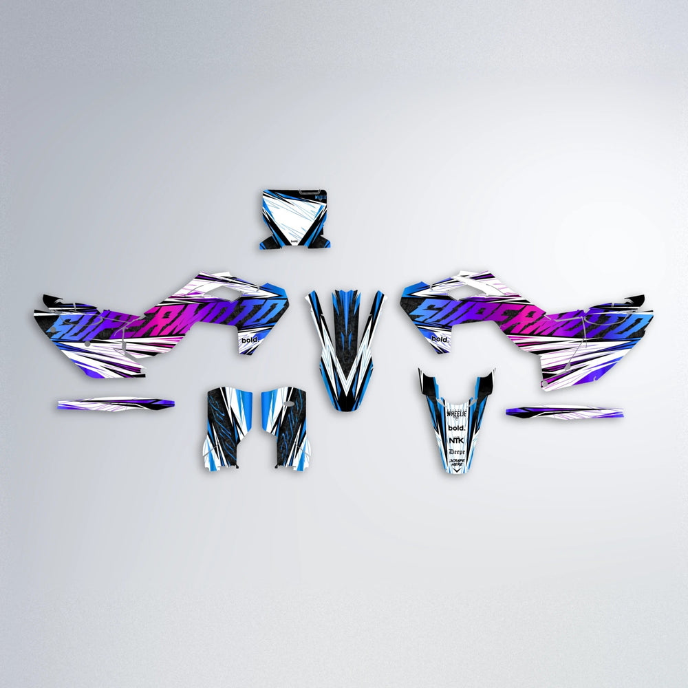 BENJIS Husqvarna FE/TE graphics kit parts layout in Blue Purple Fade