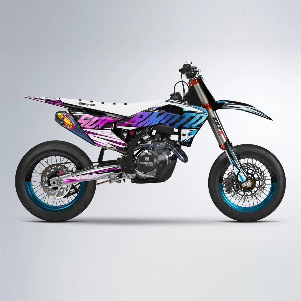 BENJIS Husqvarna FE/TE supermoto graphics kit in Pink & Light Blue