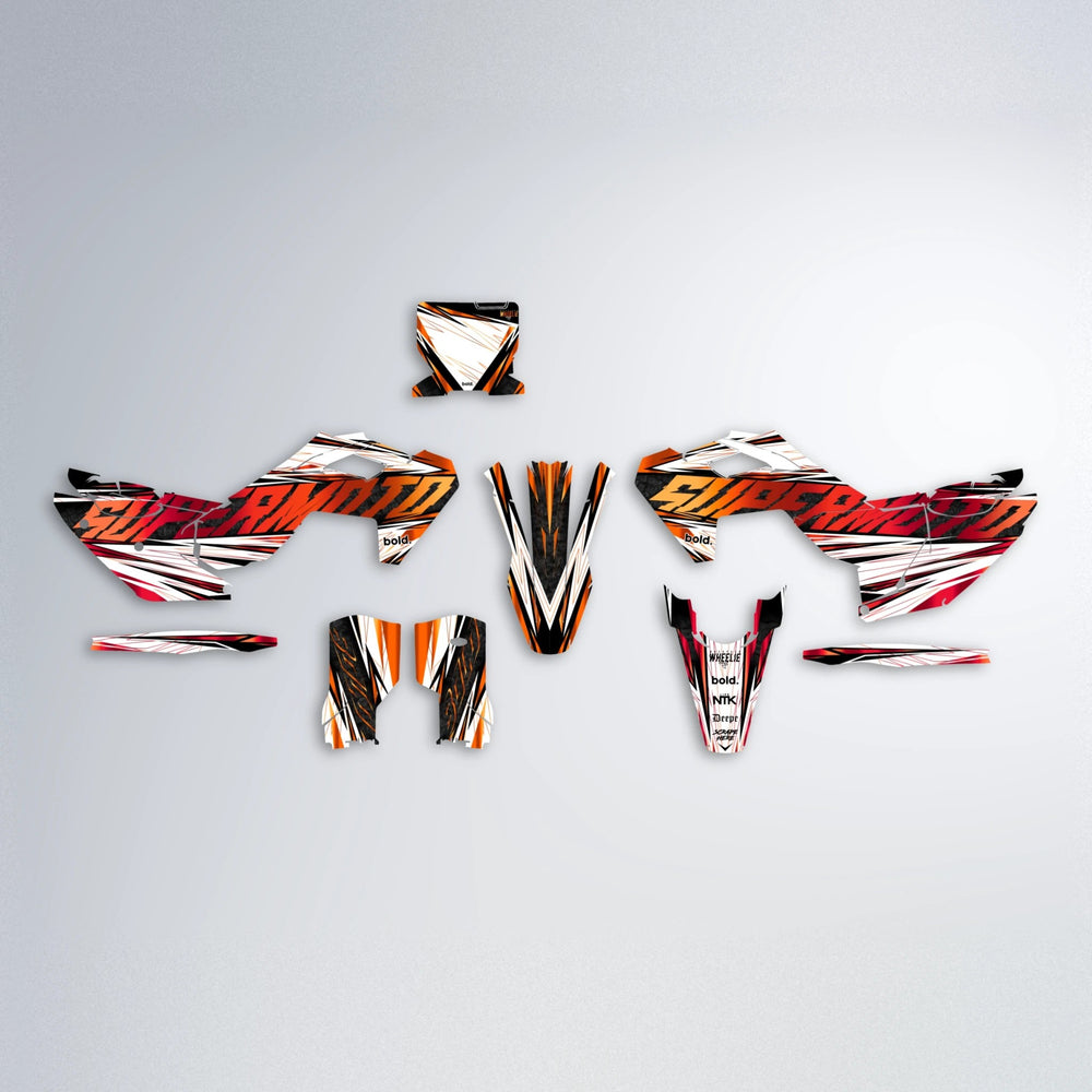BENJIS Husqvarna FE/TE graphics kit parts layout in Red & Orange