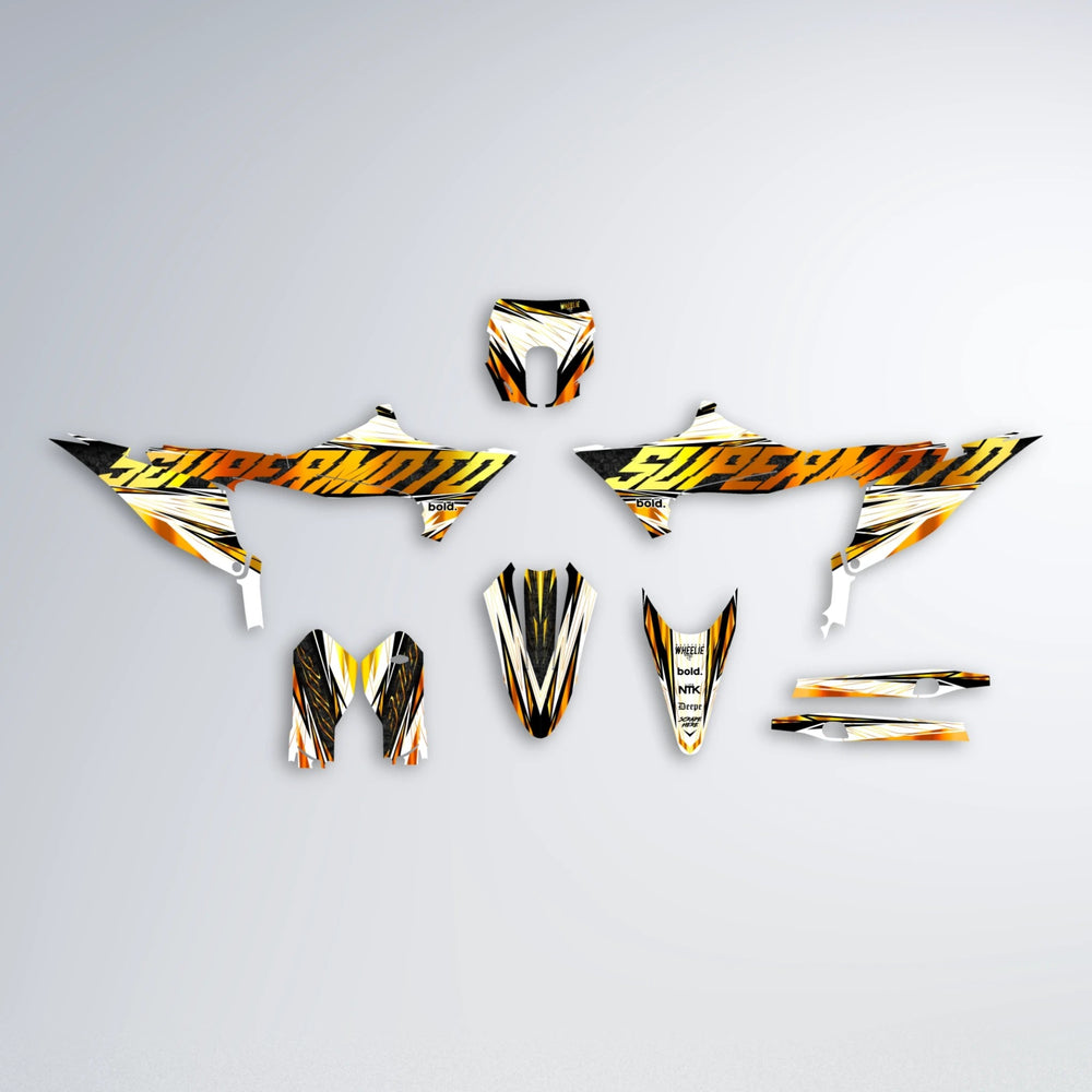 BENJIS Stark Varg SM graphics kit parts layout in Orange & Yellow
