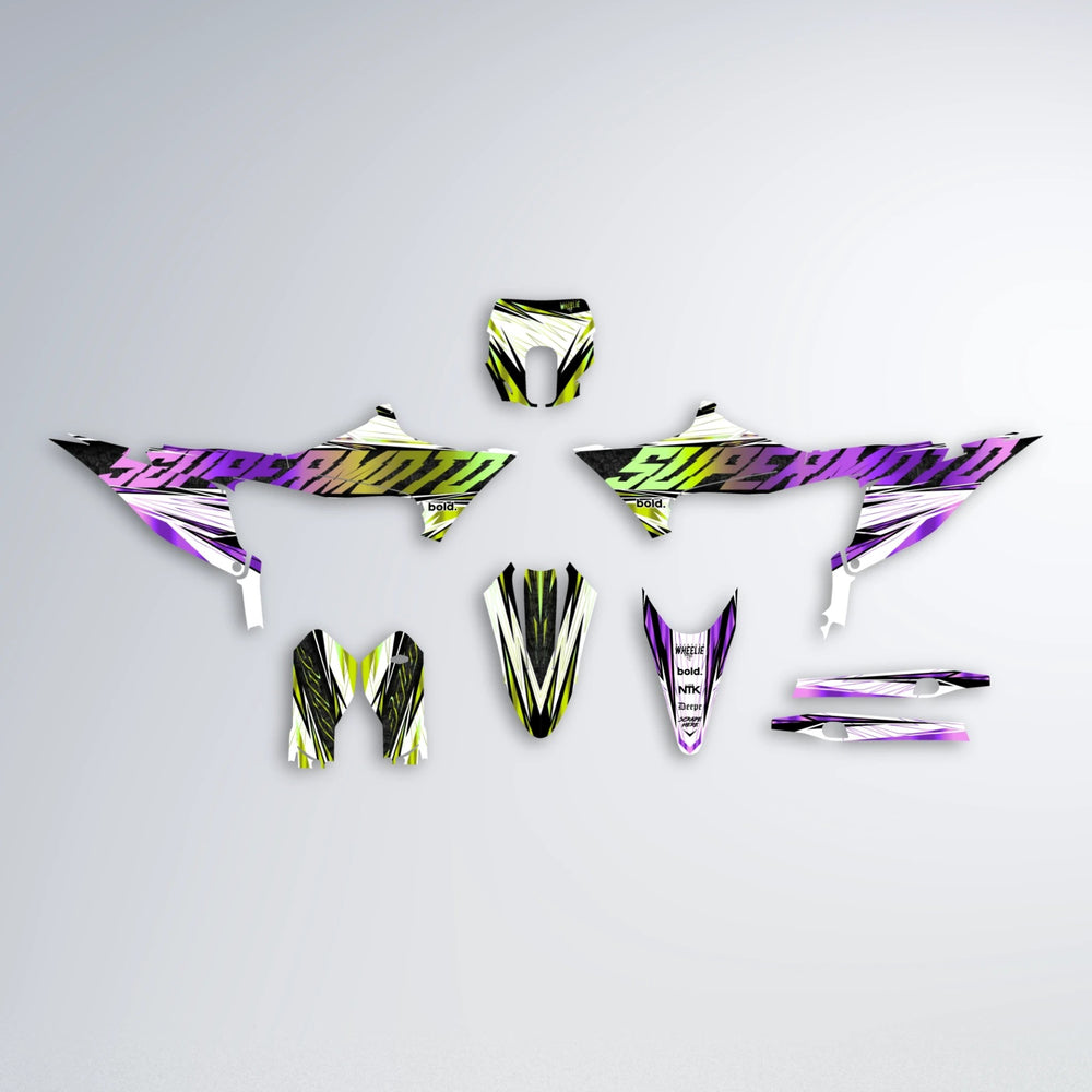BENJIS Stark Varg SM graphics kit parts layout in Purple & Yellow