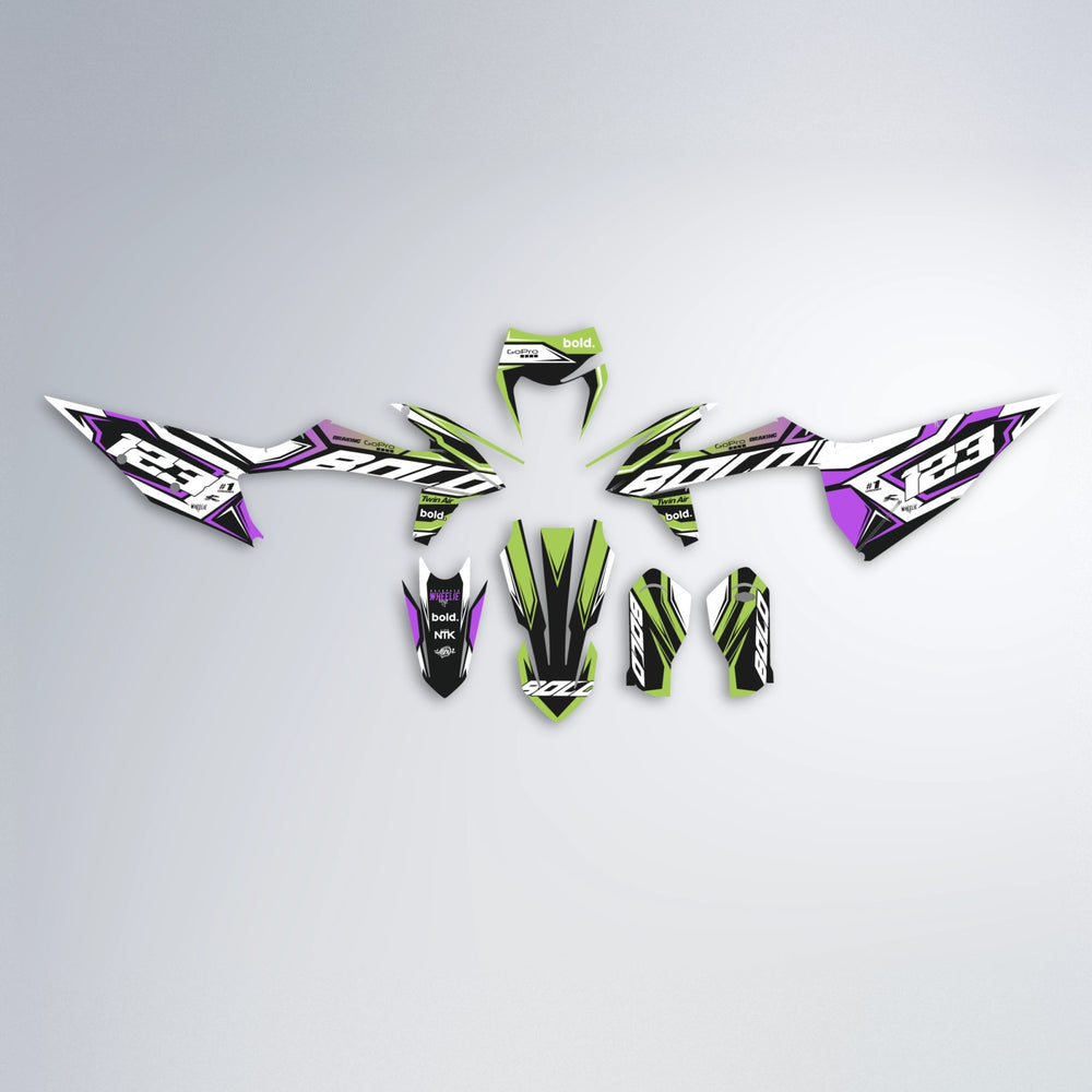 BIONIC graphics kit parts layout in Purple & Fluo Yellow