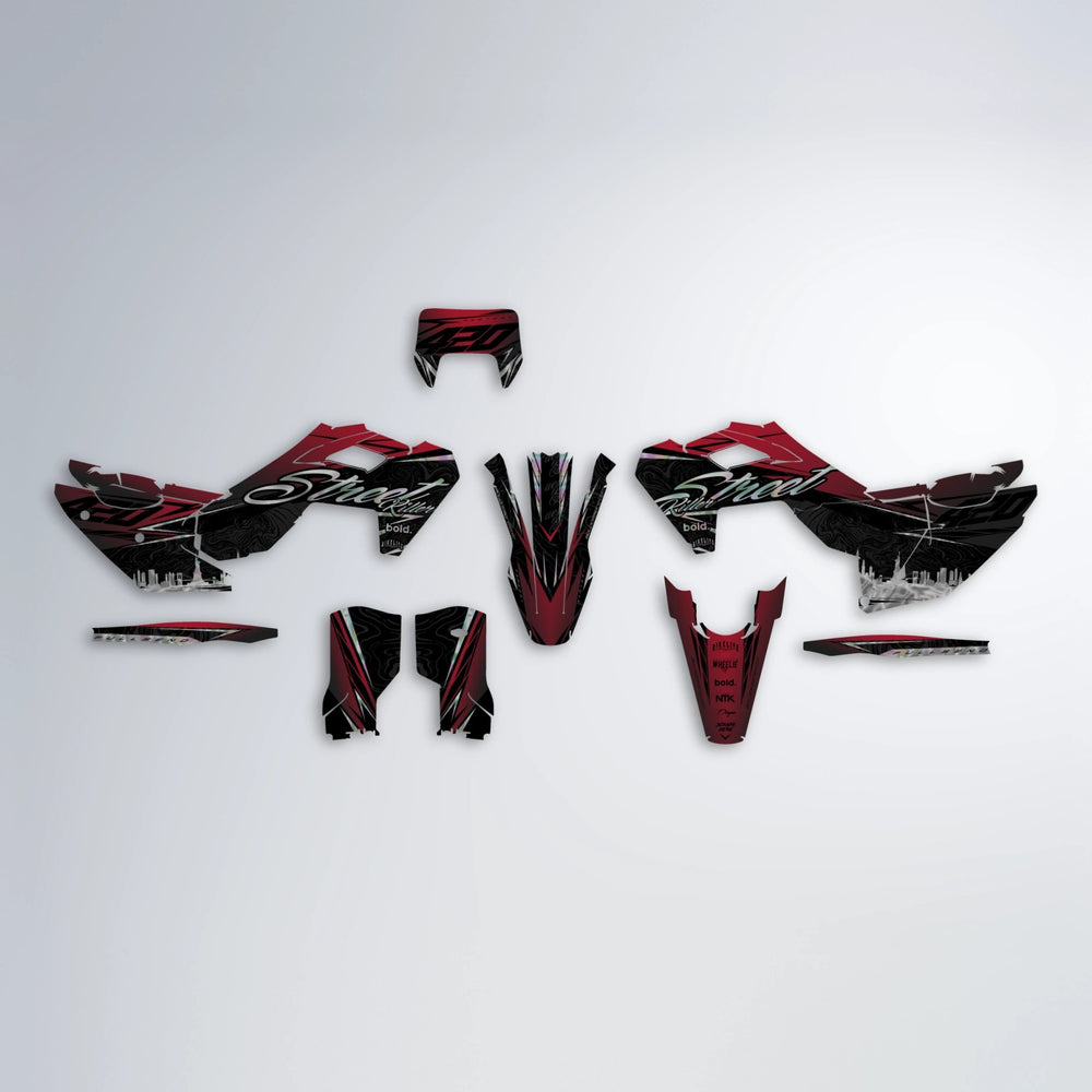 BLAZE Husqvarna FE/TE graphics kit parts layout in Black & Red