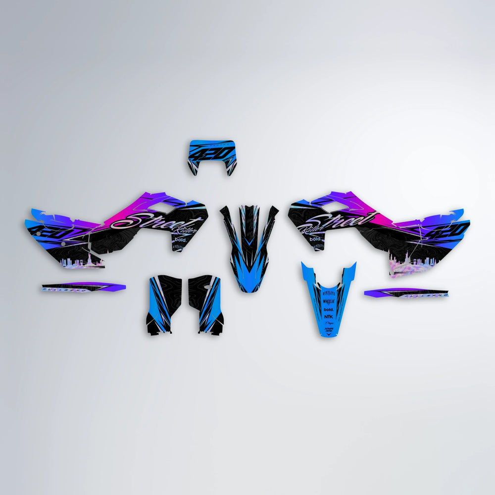 BLAZE Husqvarna FE/TE graphics kit parts layout in Blue Purple Fade