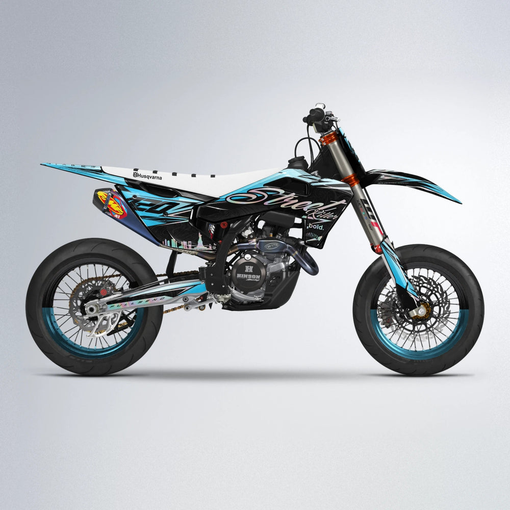 BLAZE Husqvarna FE/TE supermoto graphics kit in Light Blue & White