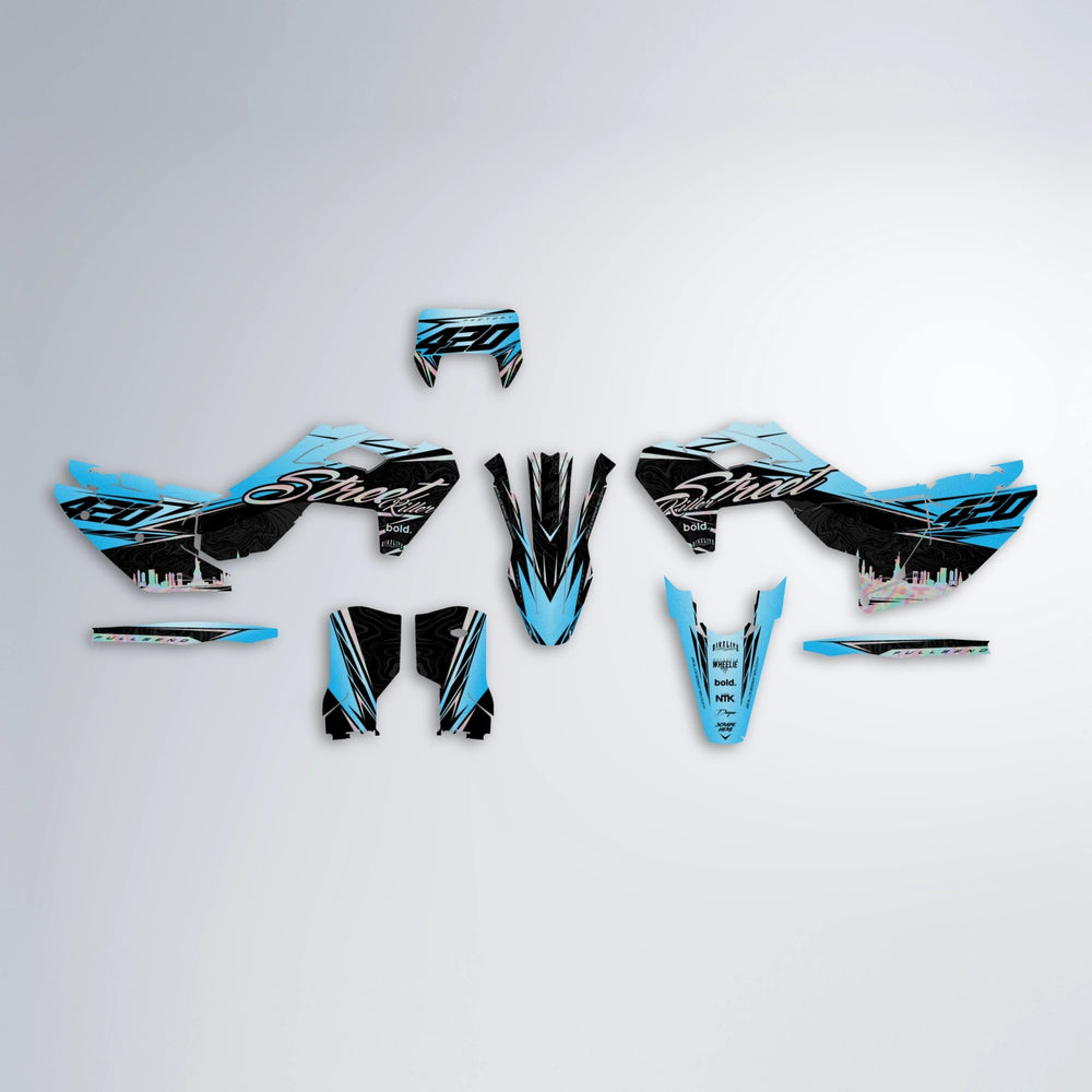 BLAZE Husqvarna FE/TE graphics kit parts layout in Light Blue & White