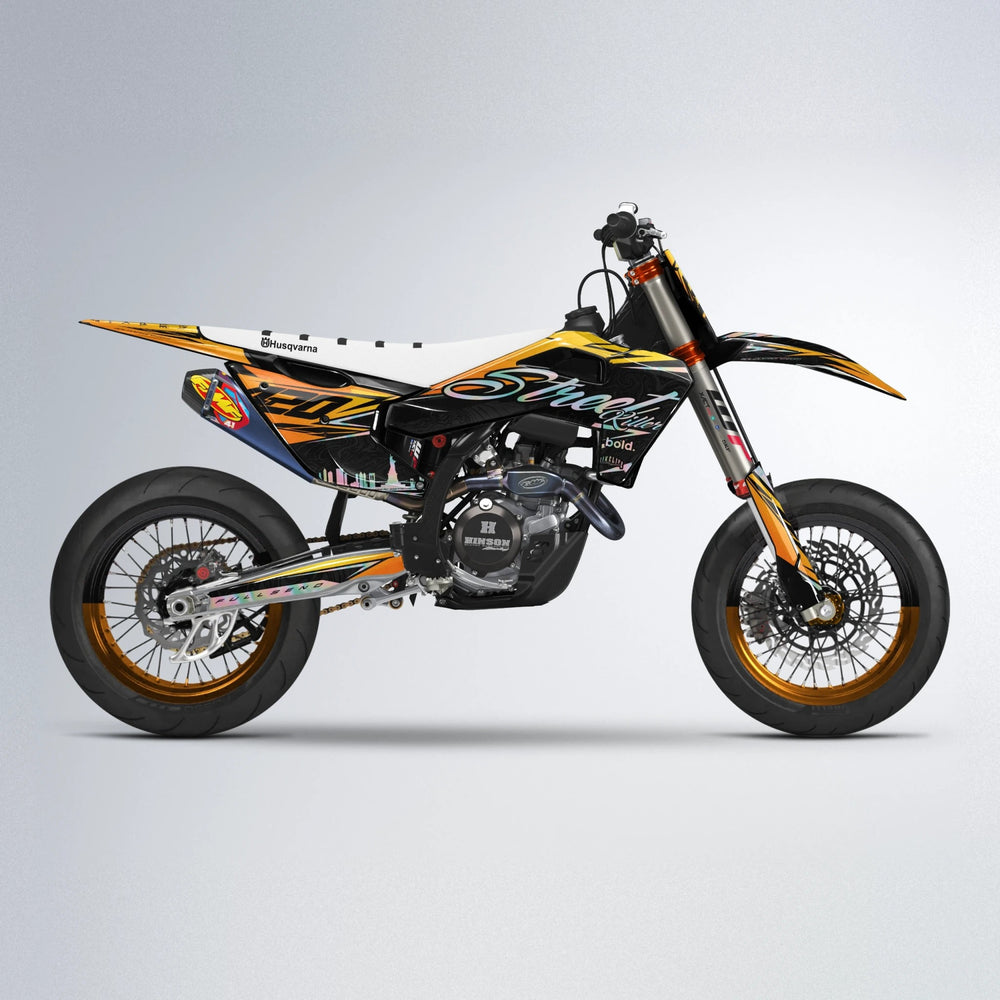 BLAZE Husqvarna FE/TE supermoto graphics kit in Orange & Yellow