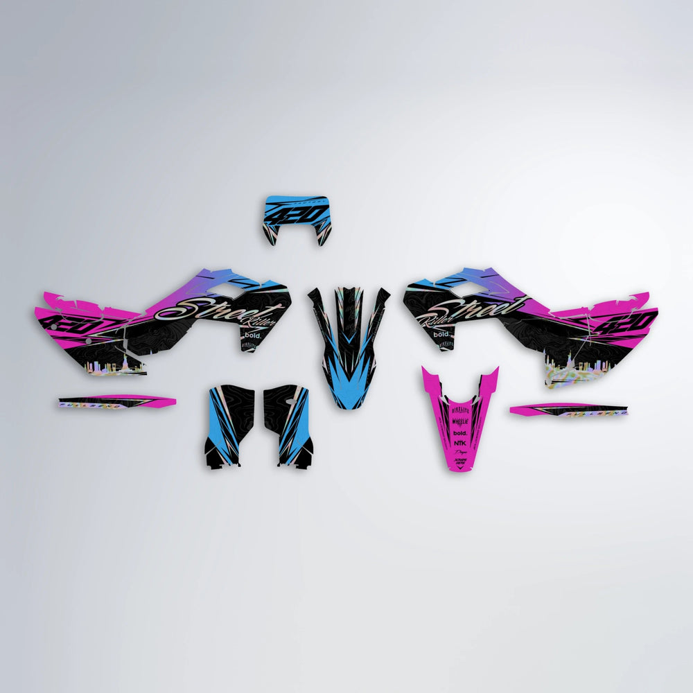 BLAZE Husqvarna FE/TE graphics kit parts layout in Pink & Light Blue
