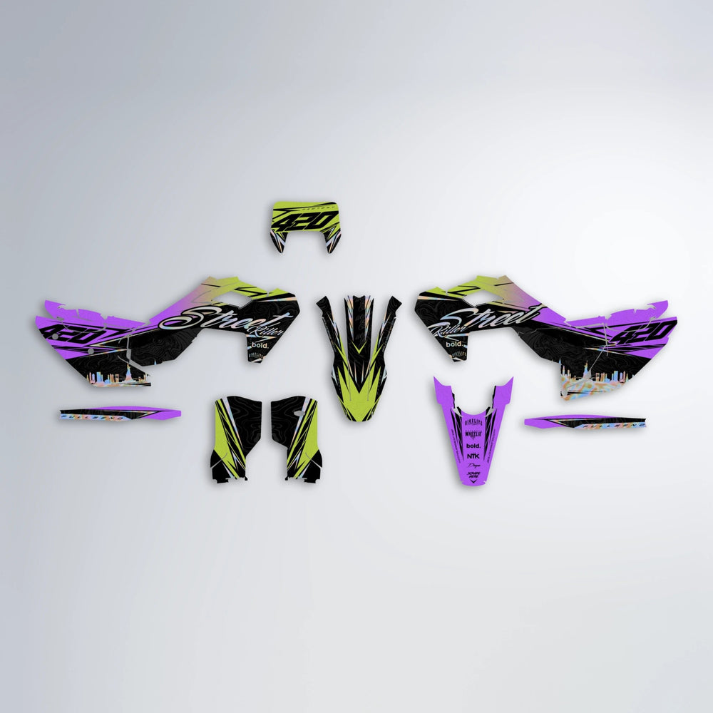 BLAZE Husqvarna FE/TE graphics kit parts layout in Purple & Yellow