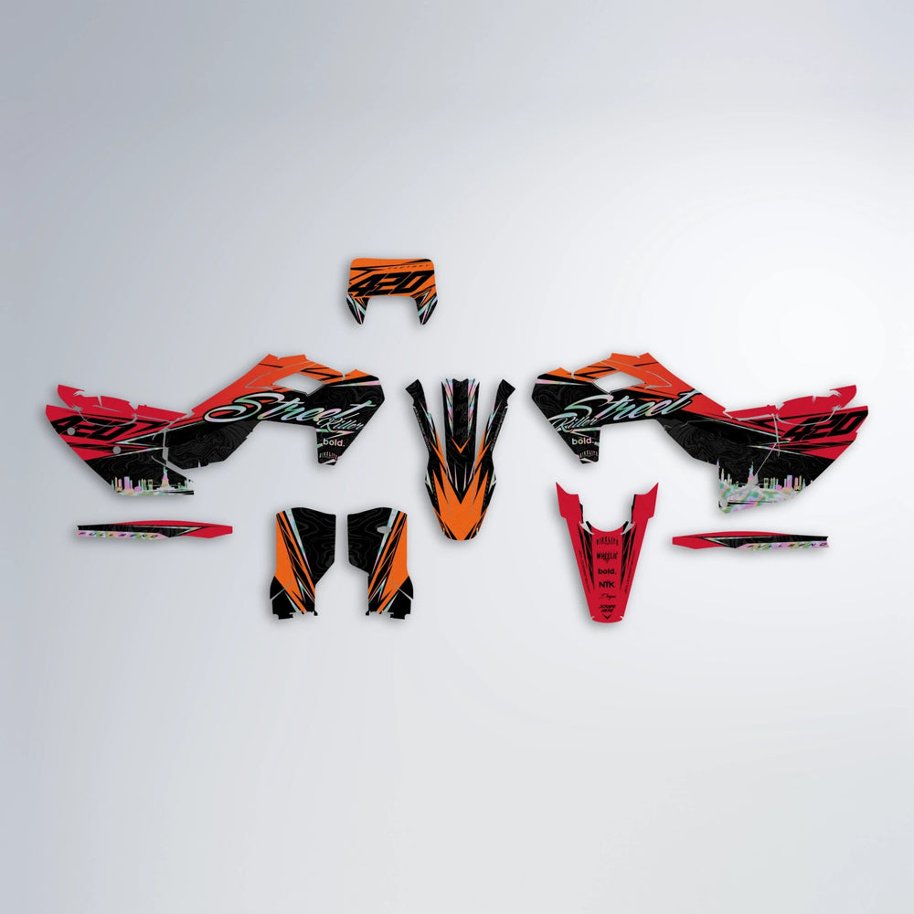 BLAZE Husqvarna FE/TE graphics kit parts layout in Red & Orange
