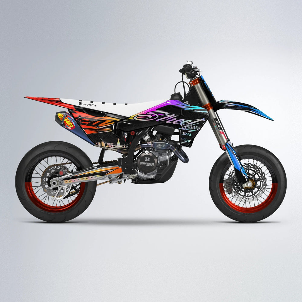 BLAZE Husqvarna FE/TE supermoto graphics kit in Sunset Fade
