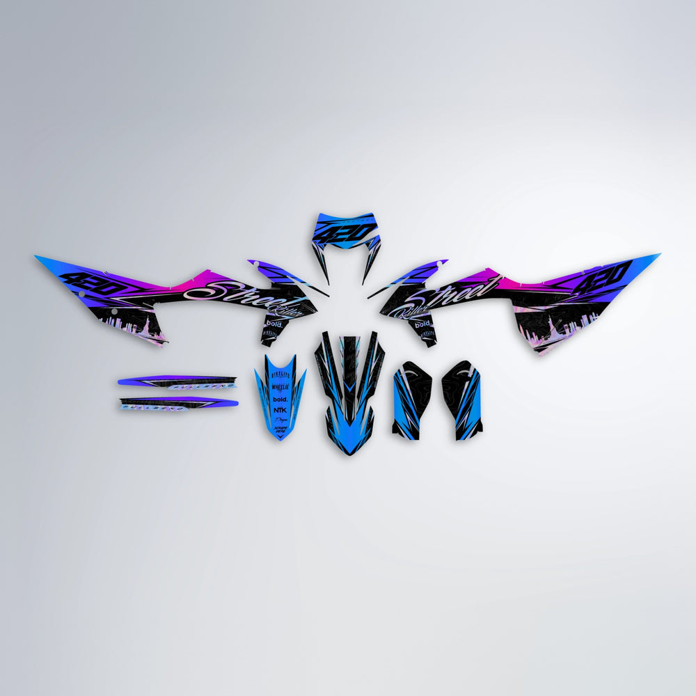 BLAZE graphics kit parts layout in Blue Purple Fade