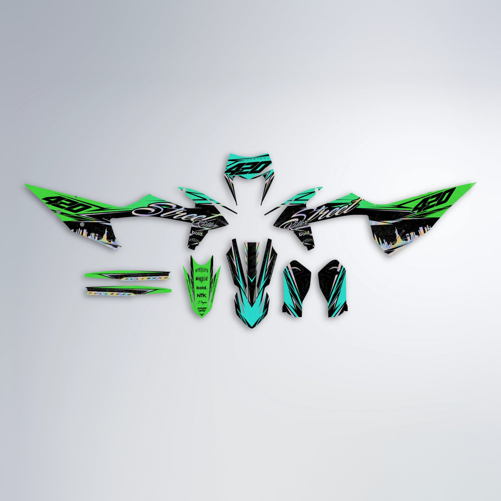 BLAZE graphics kit parts layout in Cyan & Green