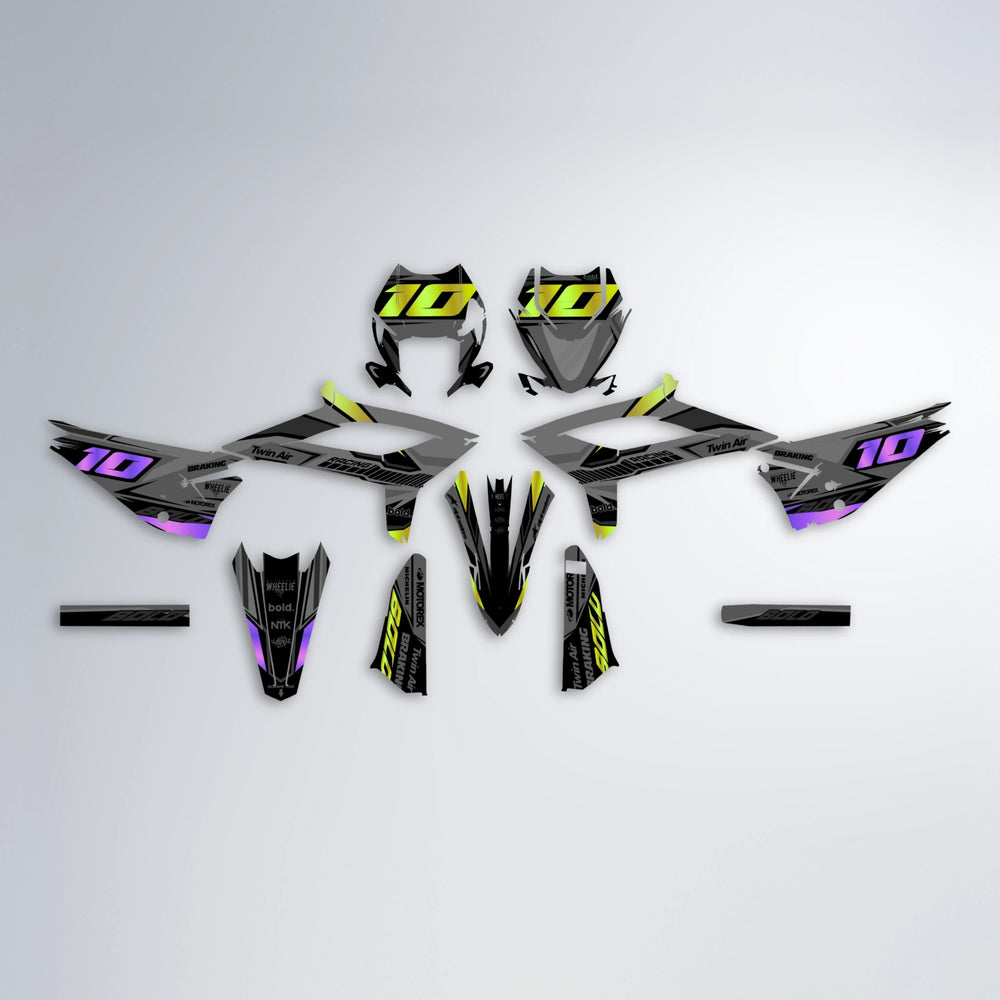 BRANDER Beta graphics kit parts layout in Purple & Yellow
