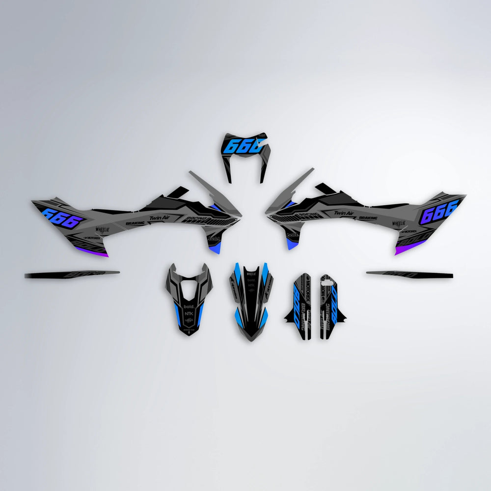 BRANDER KTM SMC 690 graphics kit parts layout in Blue Purple Fade