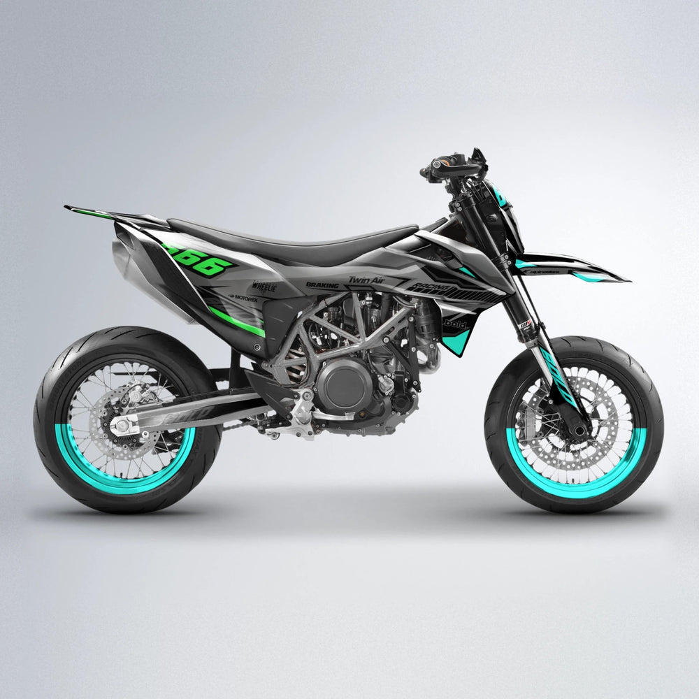 BRANDER KTM SMC 690 supermoto graphics kit in Cyan & Green
