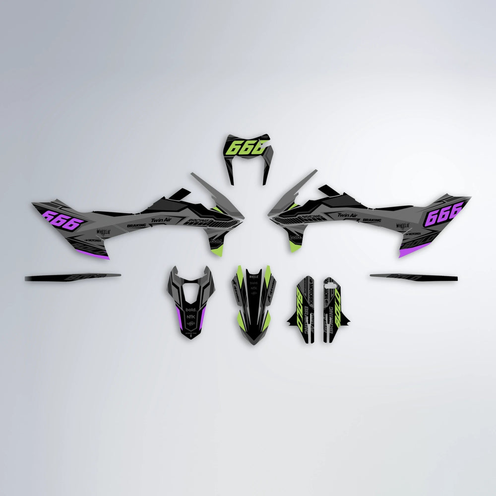 BRANDER KTM SMC 690 graphics kit parts layout in Purple & Yellow