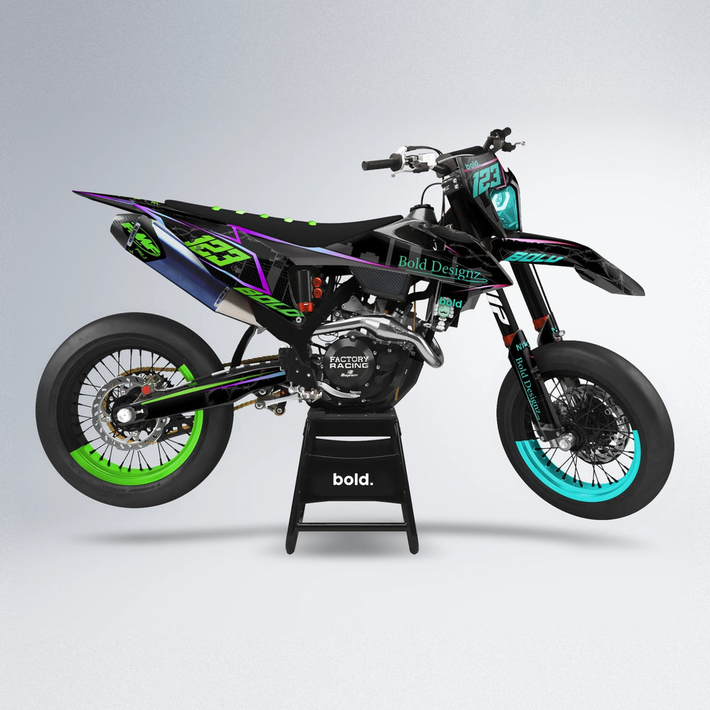 CARLITO supermoto graphics kit in Cyan & Green