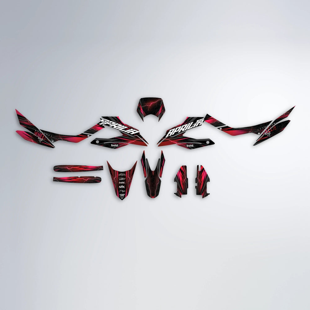 CAUTION Aprilia SX 125 graphics kit parts layout in Black & Red