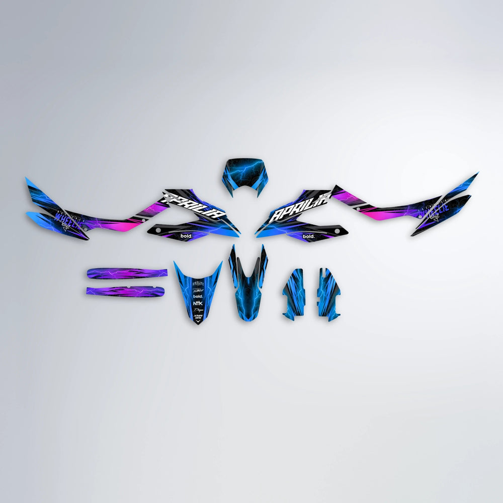 CAUTION Aprilia SX 125 graphics kit parts layout in Blue Purple Fade