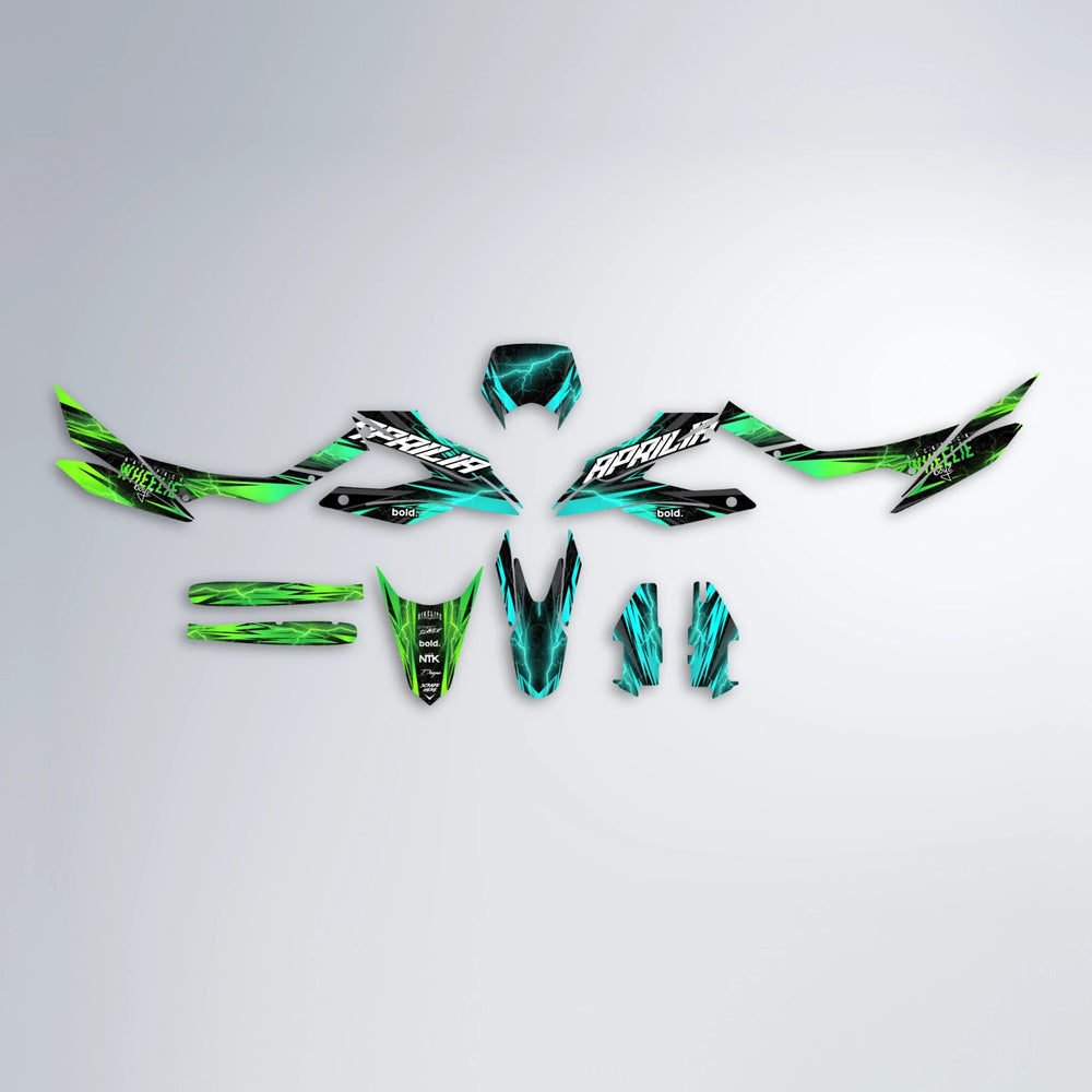 CAUTION Aprilia SX 125 graphics kit parts layout in Cyan & Green