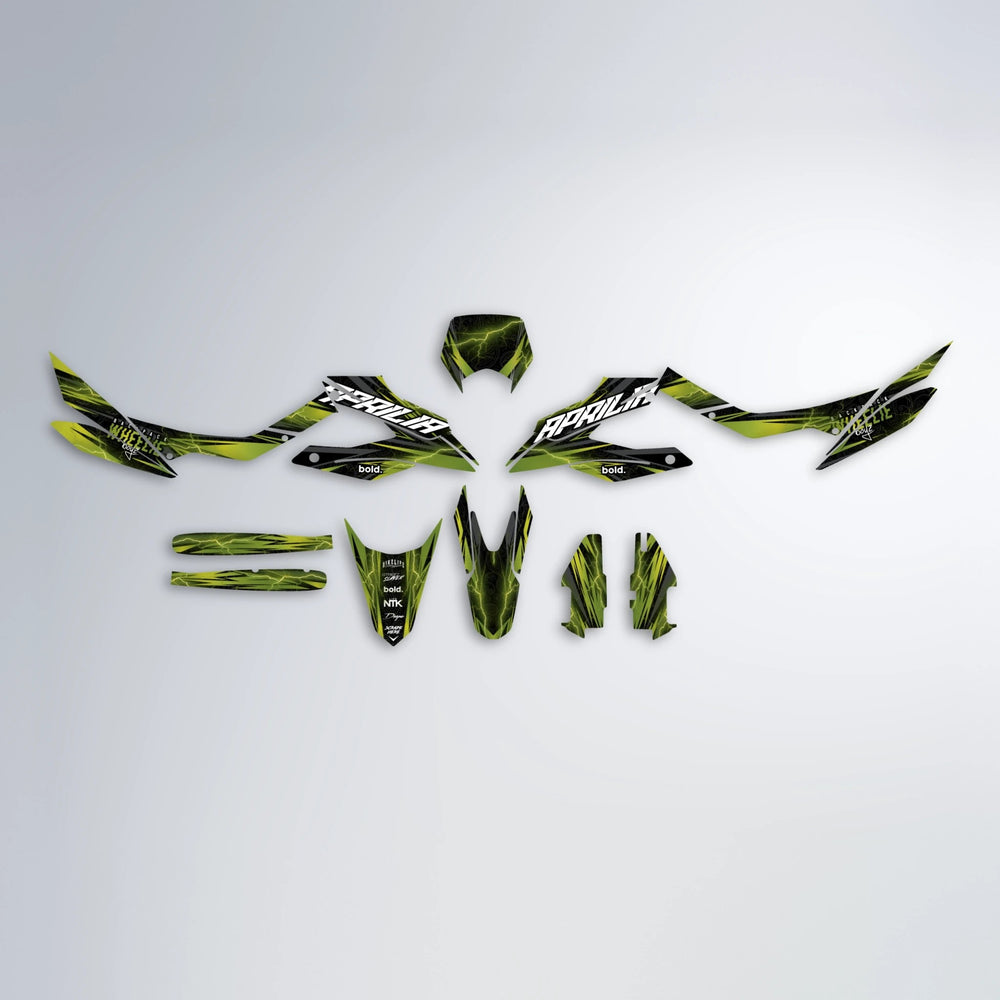 CAUTION Aprilia SX 125 graphics kit parts layout in Olive