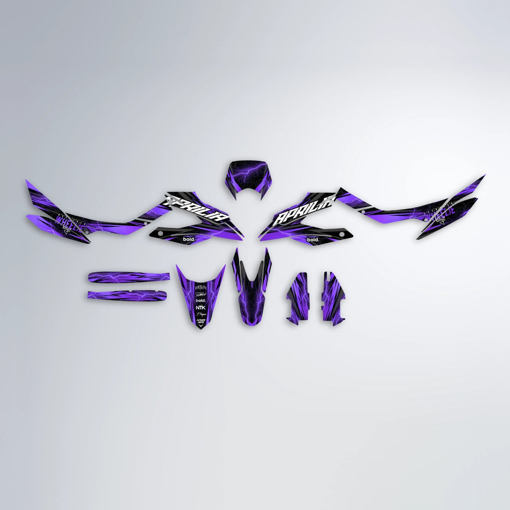 CAUTION Aprilia SX 125 graphics kit parts layout in Purple