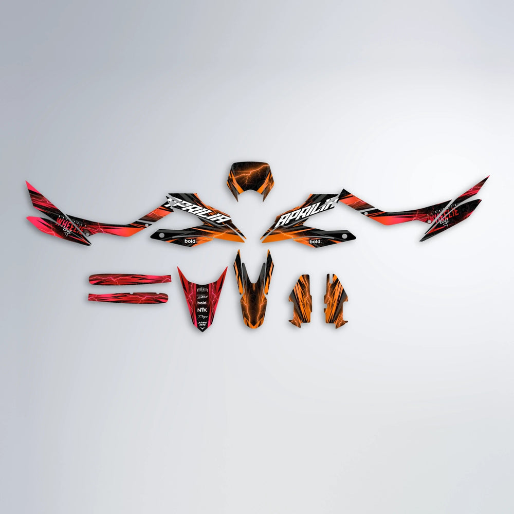 CAUTION Aprilia SX 125 graphics kit parts layout in Red & Orange