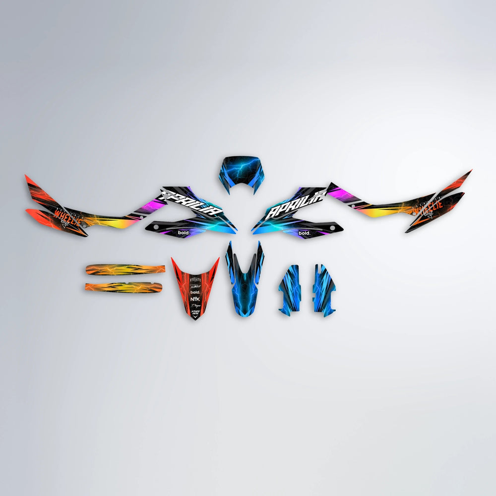 CAUTION Aprilia SX 125 graphics kit parts layout in Sunset Fade