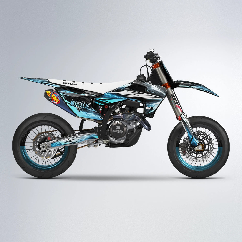 CAUTION Husqvarna FE/TE supermoto graphics kit in Light Blue & White