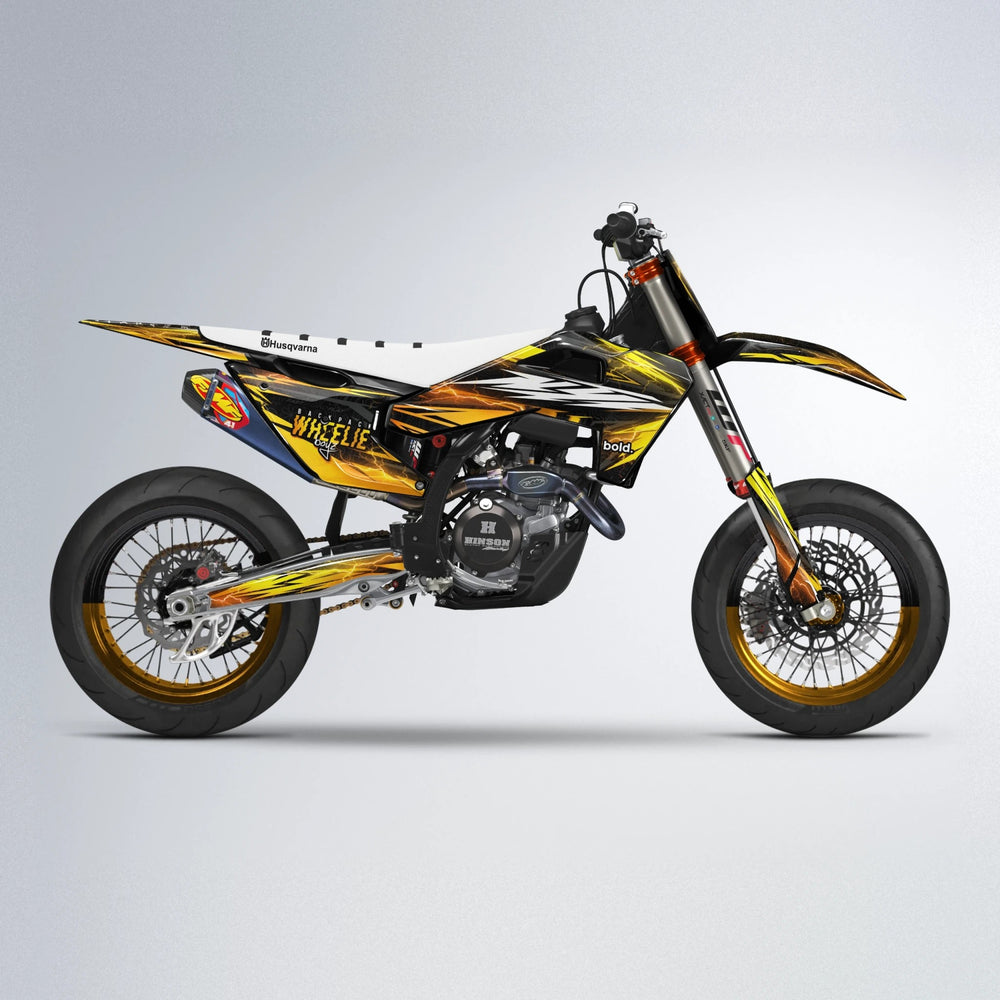 CAUTION Husqvarna FE/TE supermoto graphics kit in Orange & Yellow