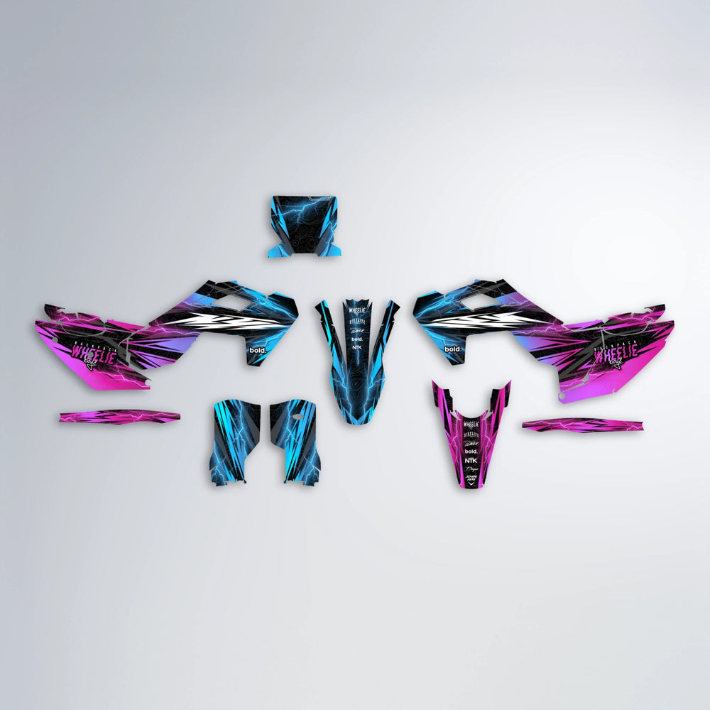 CAUTION Husqvarna FE/TE graphics kit parts layout in Pink & Light Blue