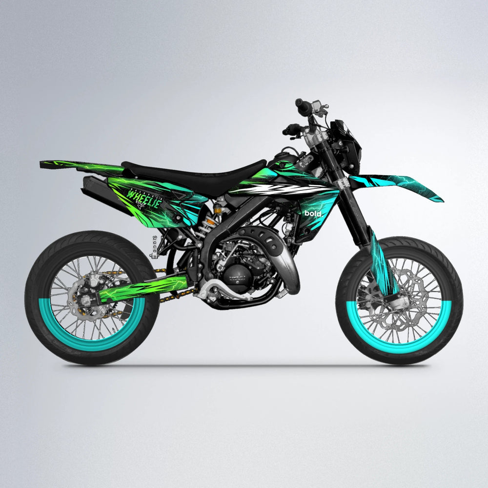 CAUTION Rieju MRT supermoto graphics kit in Cyan & Green