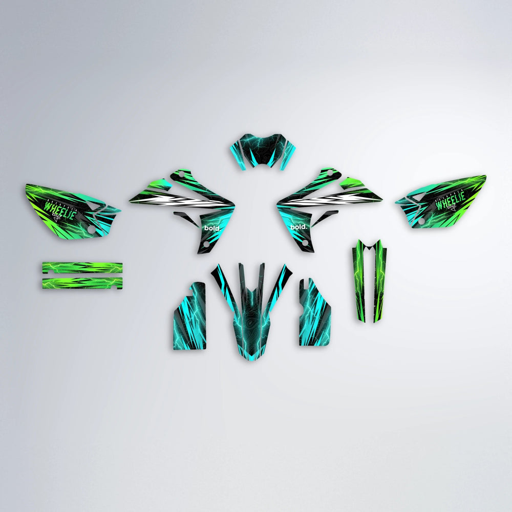 CAUTION Rieju MRT graphics kit parts layout in Cyan & Green