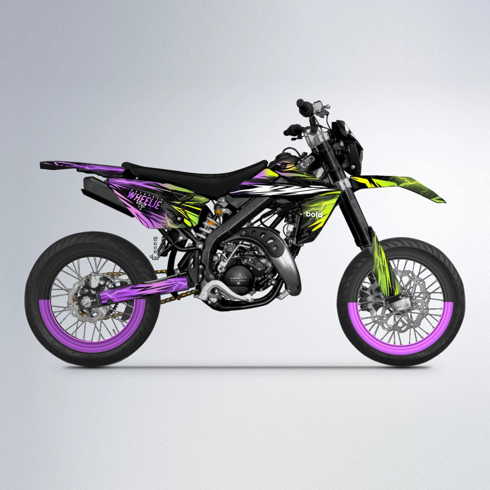 CAUTION Rieju MRT supermoto graphics kit in Purple & Yellow