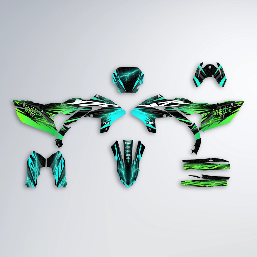 CAUTION Yamaha YZF MX graphics kit parts layout in Cyan & Green