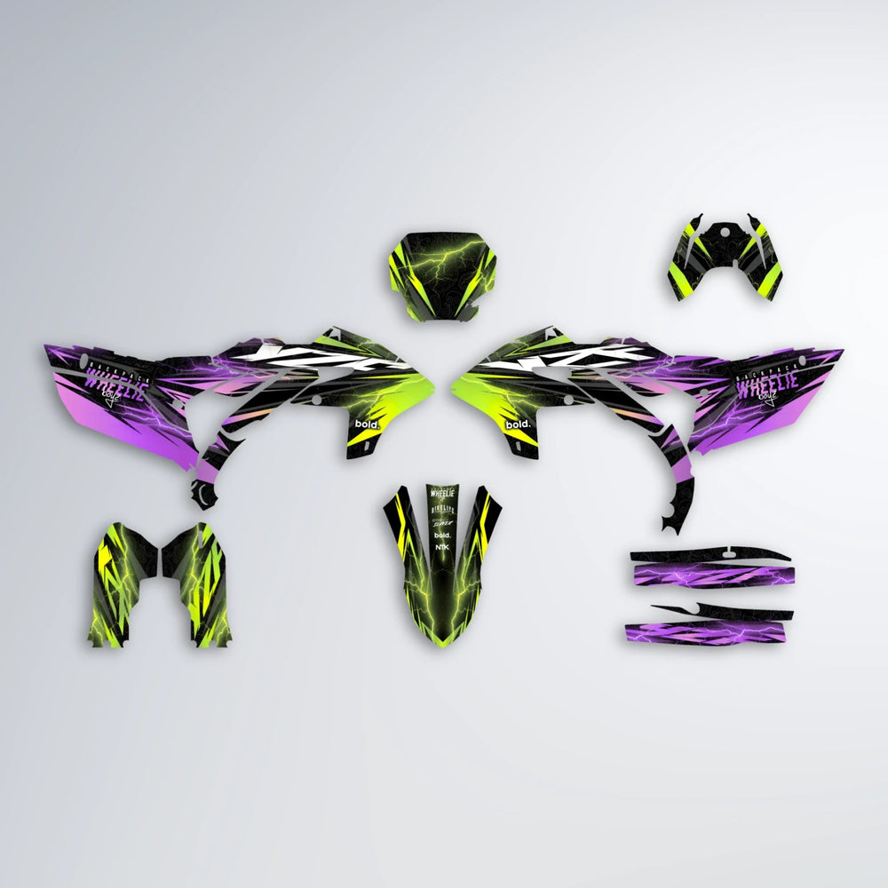 CAUTION Yamaha YZF MX graphics kit parts layout in Purple & Yellow