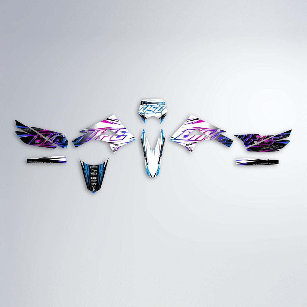 DEEPE V2 Derbi Senda graphics kit parts layout in Blue Purple Fade