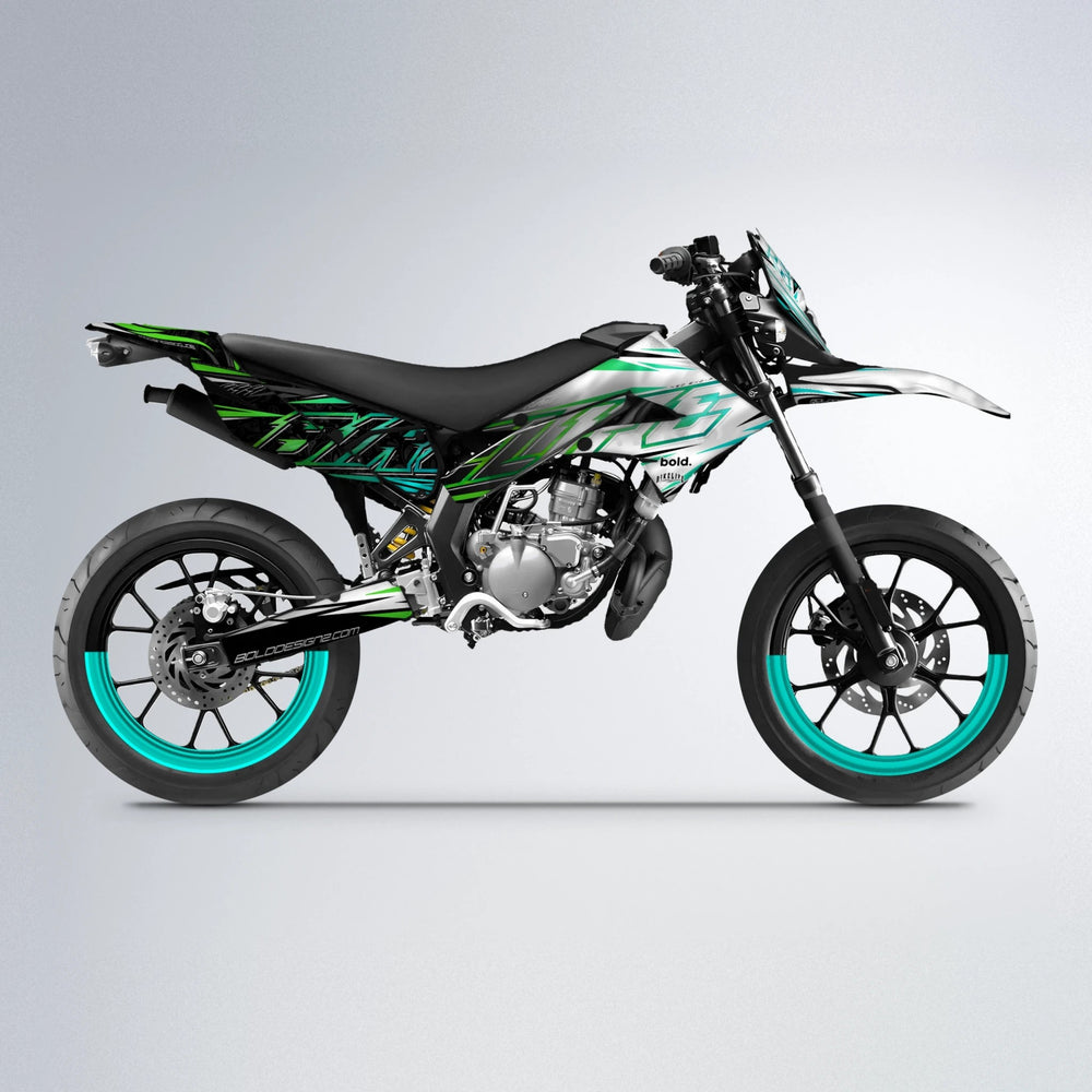 DEEPE V2 Derbi Senda supermoto graphics kit in Cyan & Green