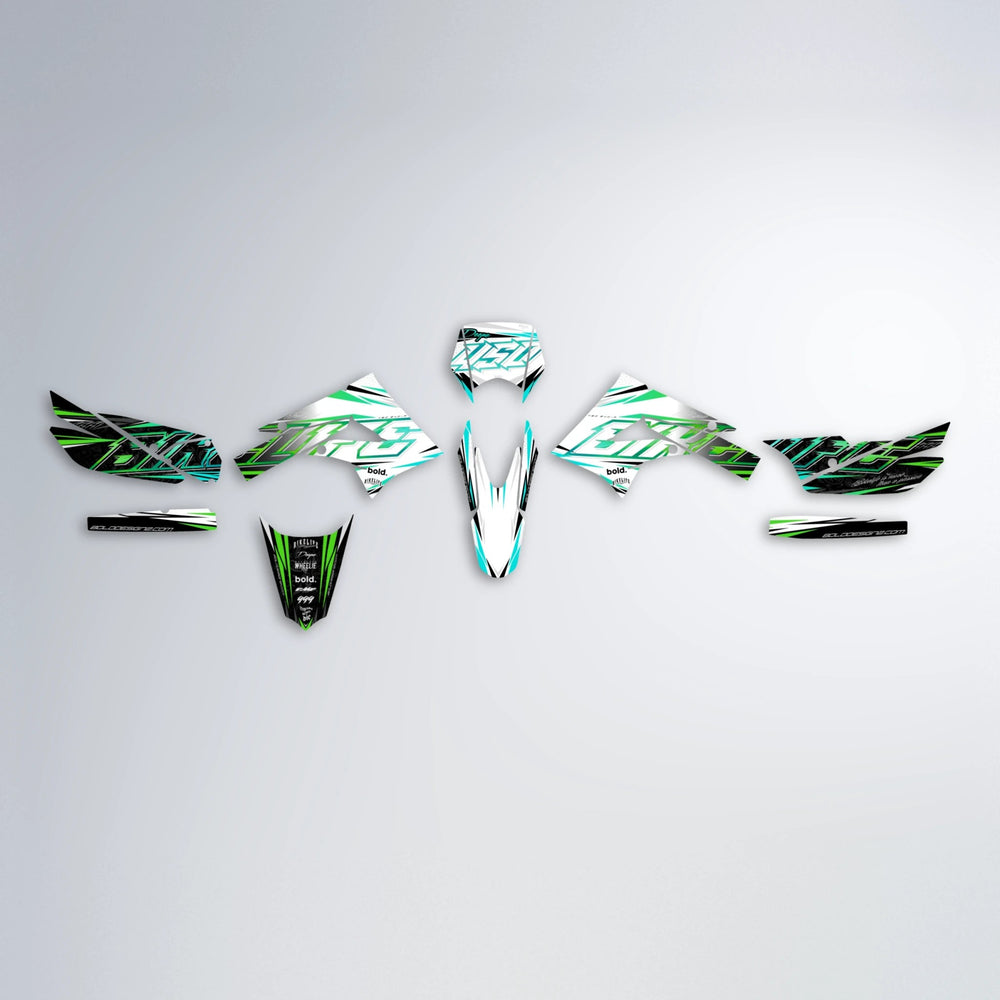 DEEPE V2 Derbi Senda graphics kit parts layout in Cyan & Green