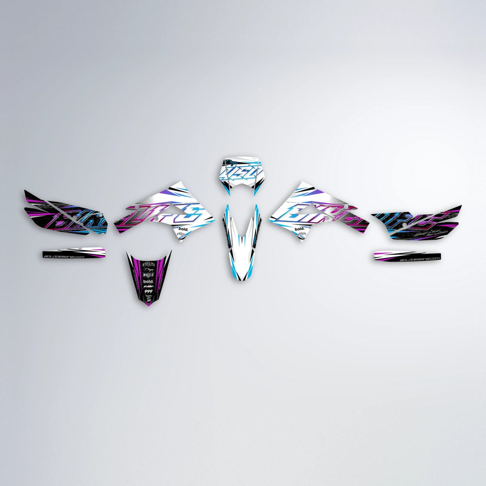 DEEPE V2 Derbi Senda graphics kit parts layout in Pink & Light Blue